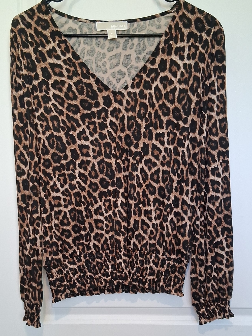 Michael Kors Leopard-Print V-Neck Long Sleeve Top - Brown/Black